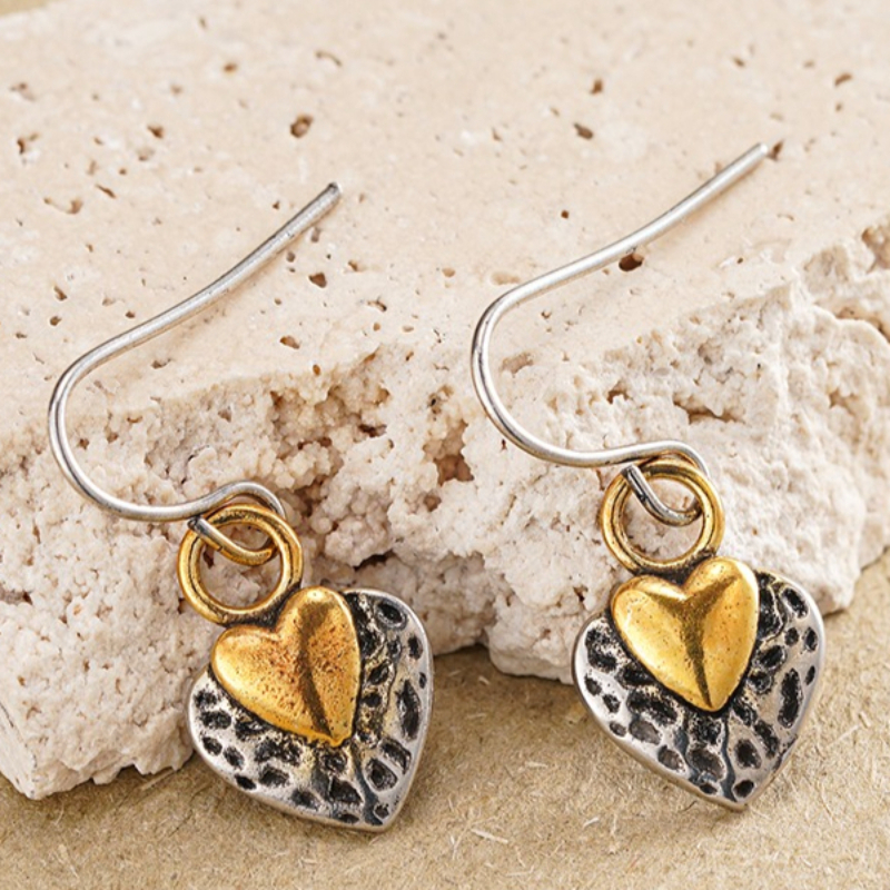 Vintage Two-Tone Heart Dangle Earrings for Women